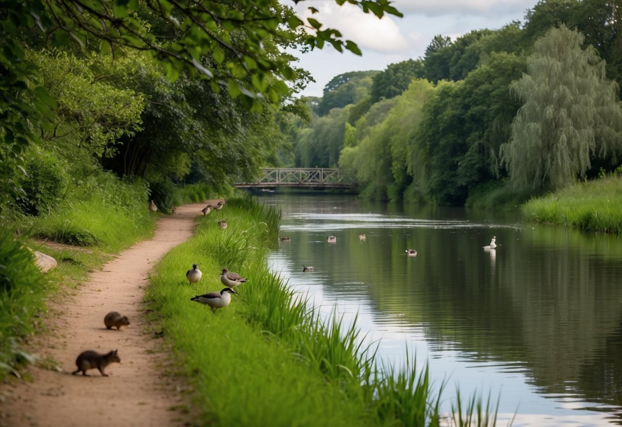 A tranquil riverbank with lush greenery, a variety of birds, and small mammals in the Donmouth Local Nature Reserve
