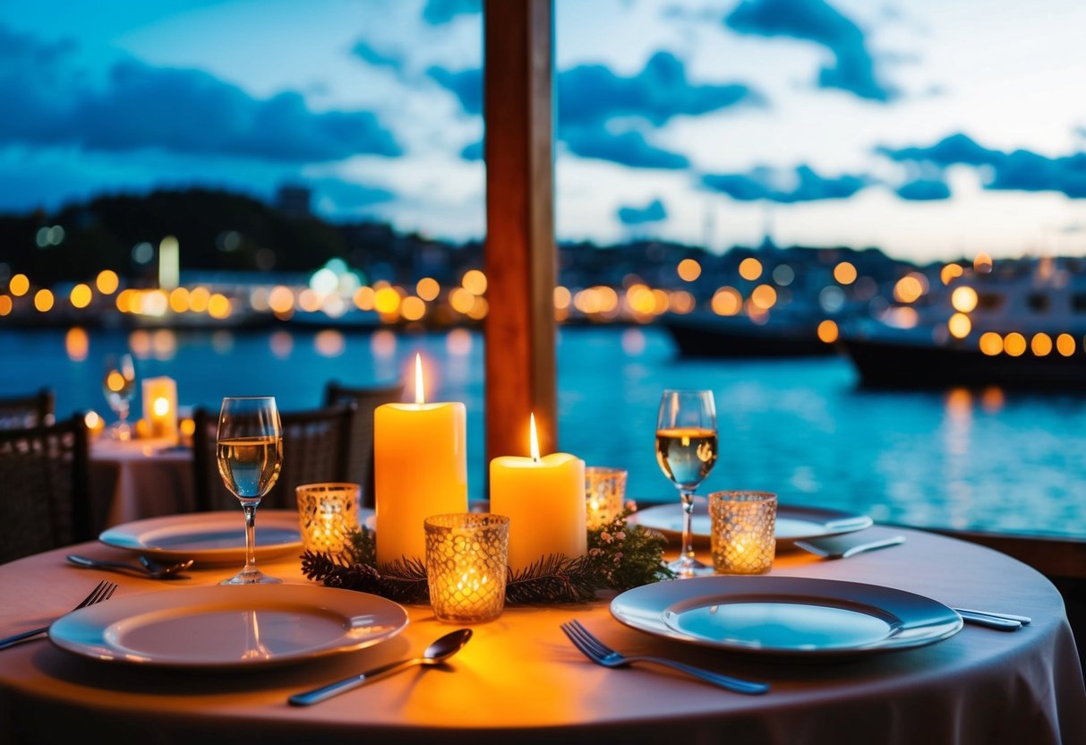 A cozy table set with candles and a view of the harbor at The Silver Darling