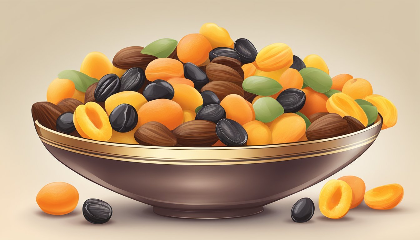 A colorful assortment of dried fruits spilling out of a bowl, including apricots, mango, and raisins, with a candy bar in the background for comparison