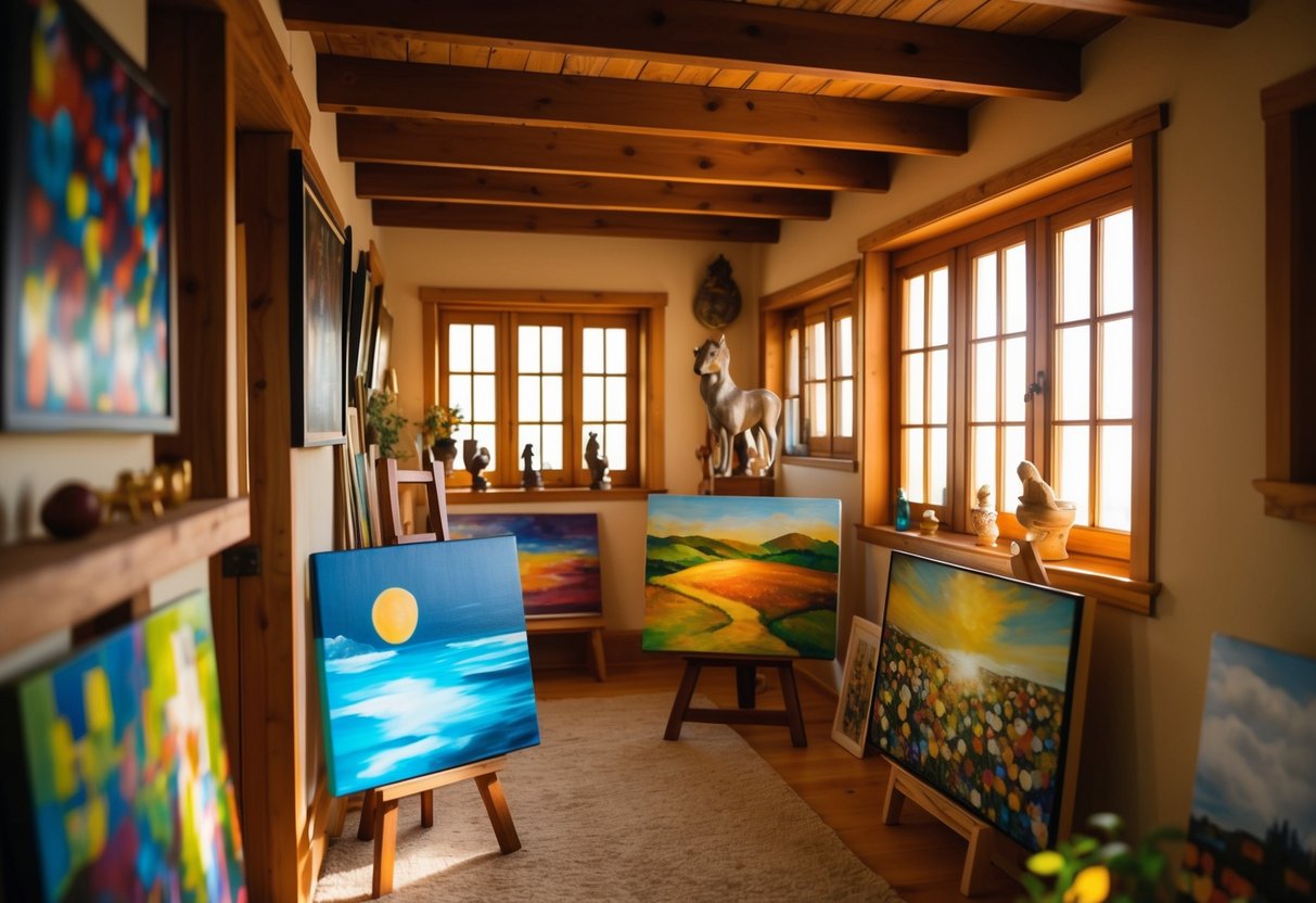 A cozy room with wooden beams, filled with colorful paintings and sculptures. Warm light streams in through small windows, casting a soft glow over the art
