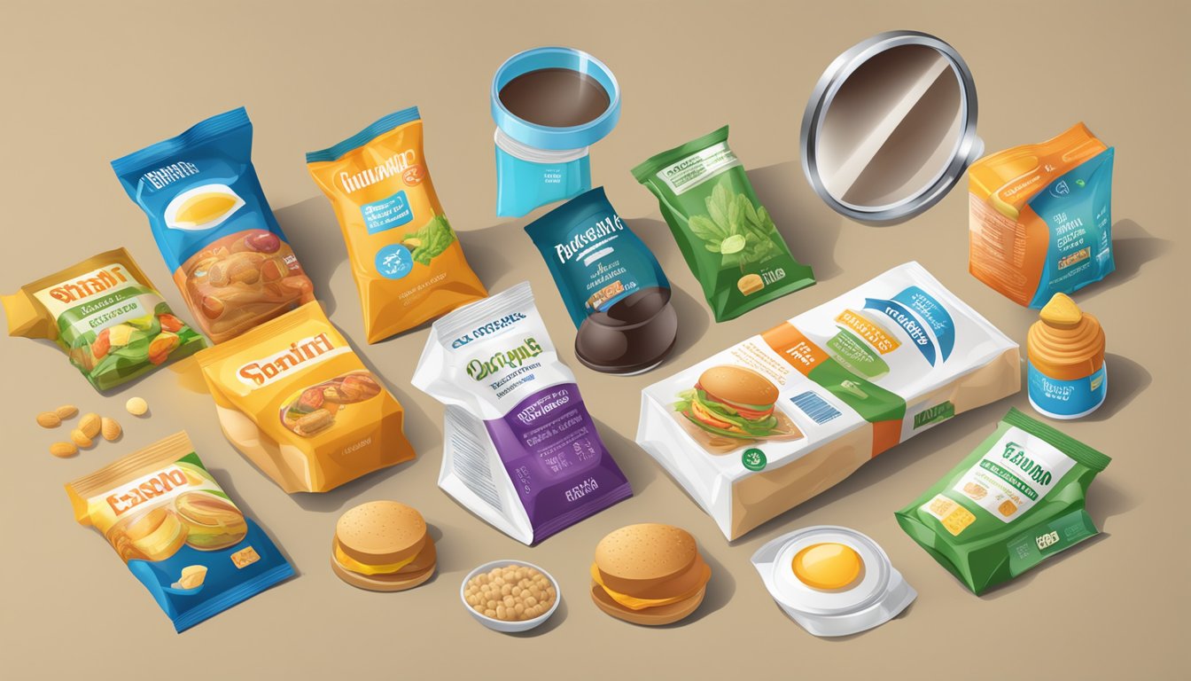 A table filled with 10 food product packages, with a magnifying glass highlighting the fine print of the nutritional labels