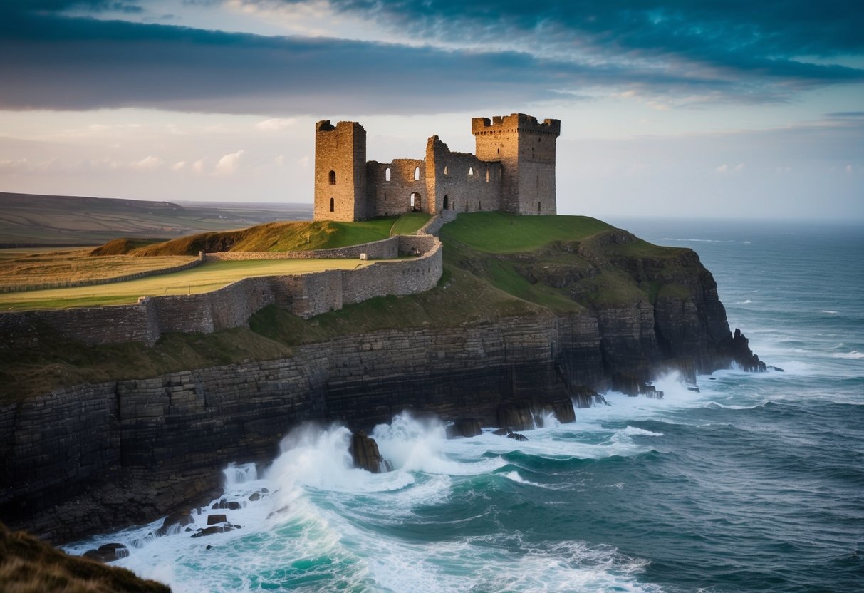 The ruins of Slains Castle stand atop the rugged cliffs, surrounded by wild, windswept moors and the crashing waves of the North Sea