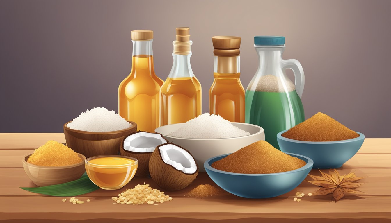 A pile of coconut sugar surrounded by various "natural" sweeteners, including honey, maple syrup, and agave nectar, displayed on a wooden table