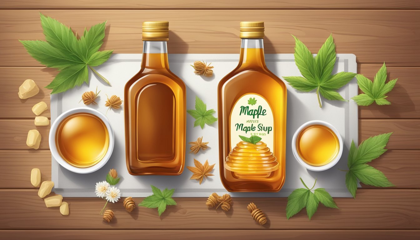 A bottle of maple syrup surrounded by various natural sweeteners, such as honey, agave nectar, and stevia, arranged on a wooden table