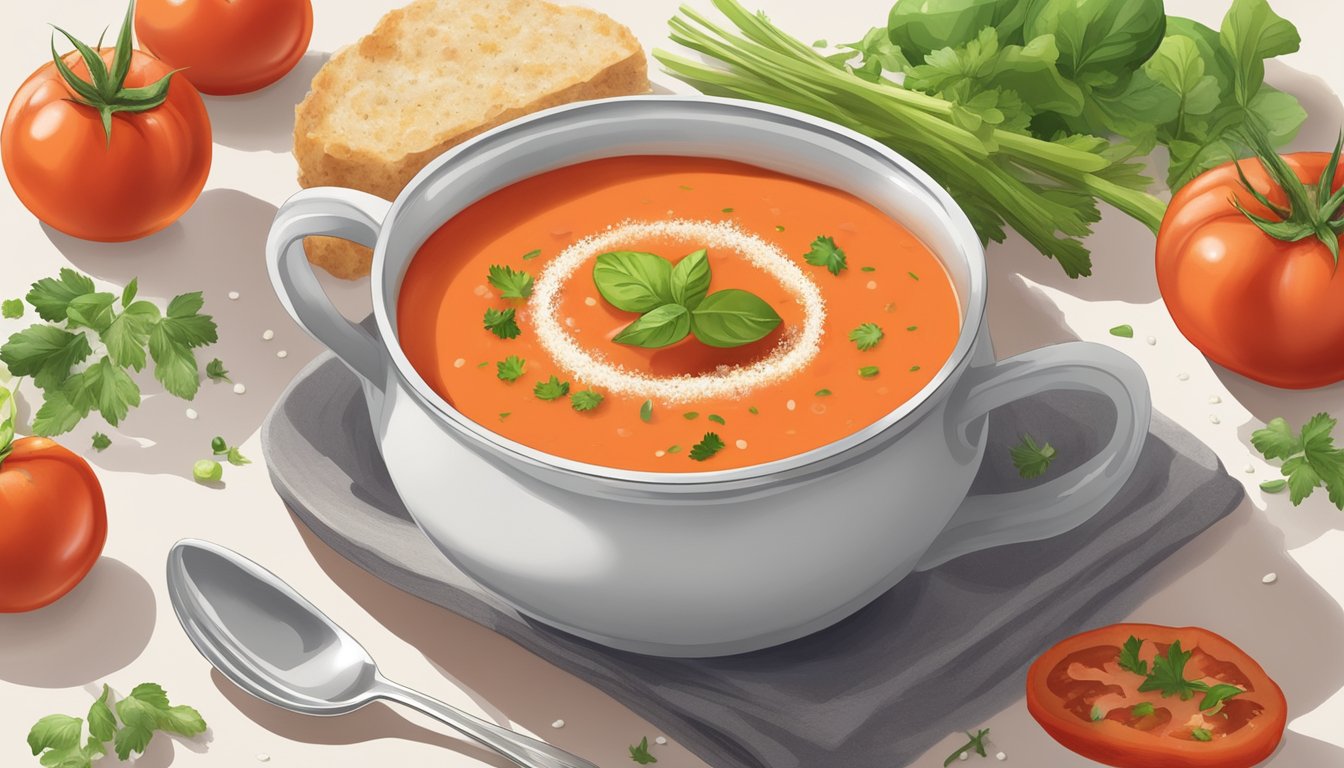 A steaming bowl of chunky tomato bisque surrounded by fresh vegetables and herbs, with a sprinkle of sea salt on top