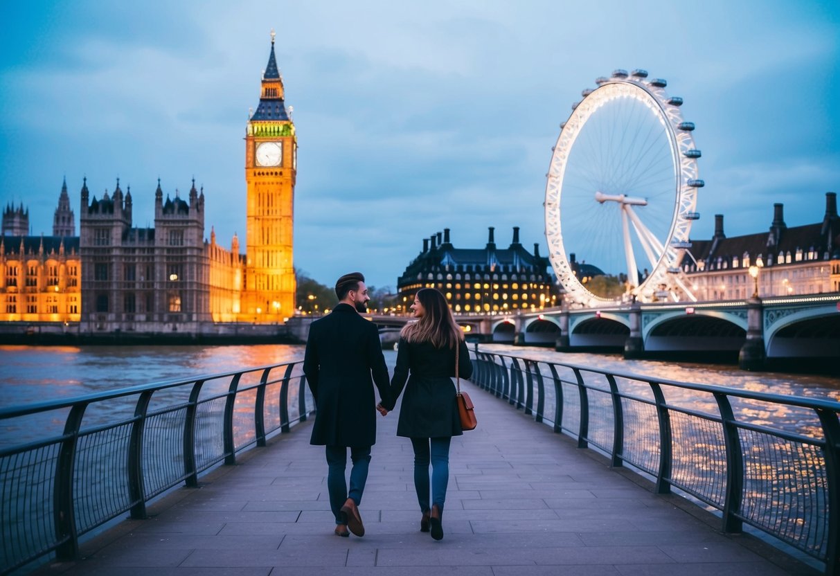 A couple strolling along the Thames River, passing by the iconic London Eye and enjoying the vibrant city lights