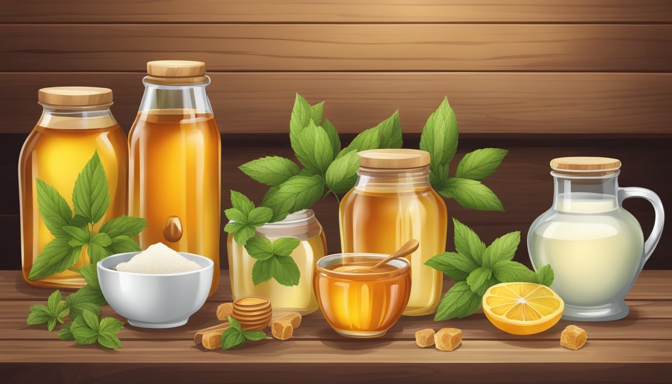 A variety of natural sweeteners, including honey, stevia, and maple syrup, arranged on a rustic wooden table with fresh fruits and herbs as decorative elements