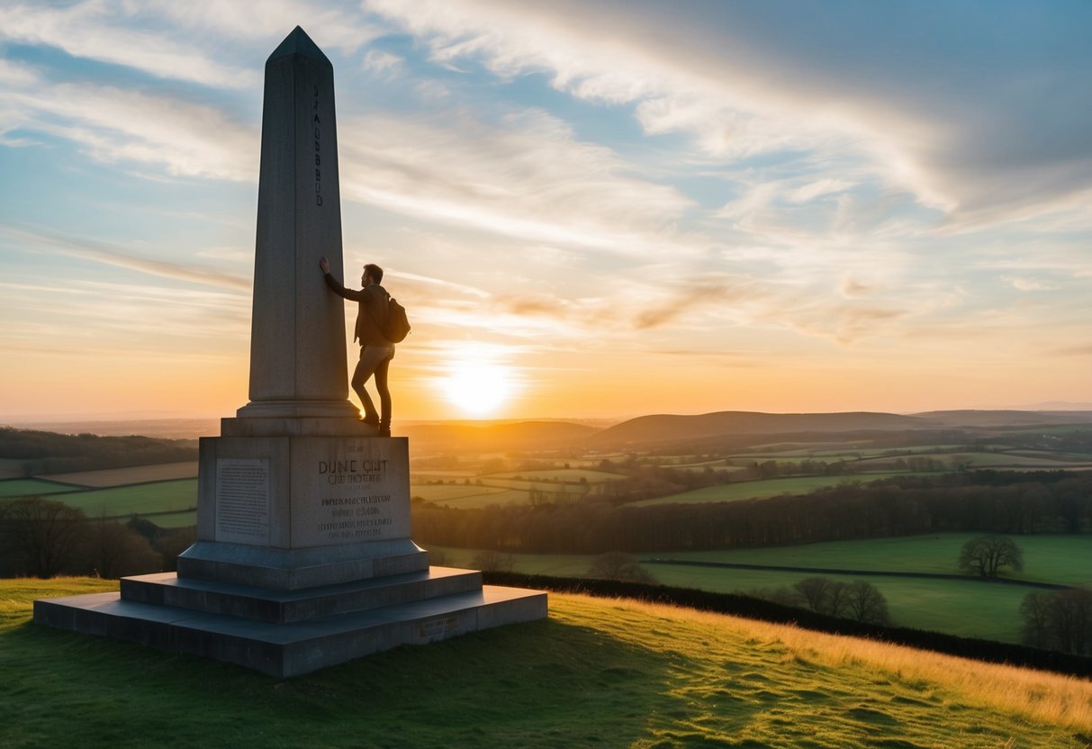 A couple climbs the Dunecht Monument, overlooking the Aberdeenshire countryside at sunset