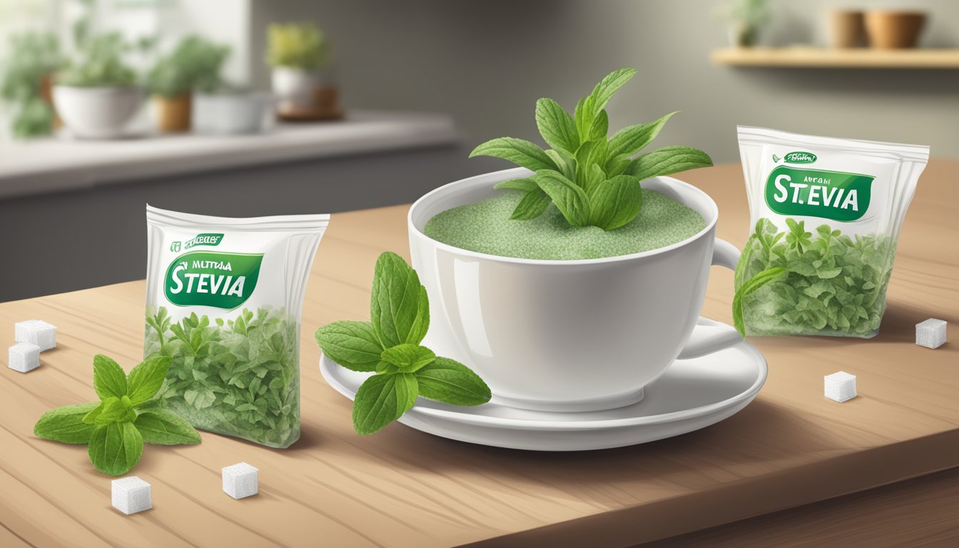 A table with stevia plants and sugar packets, with a "natural" label