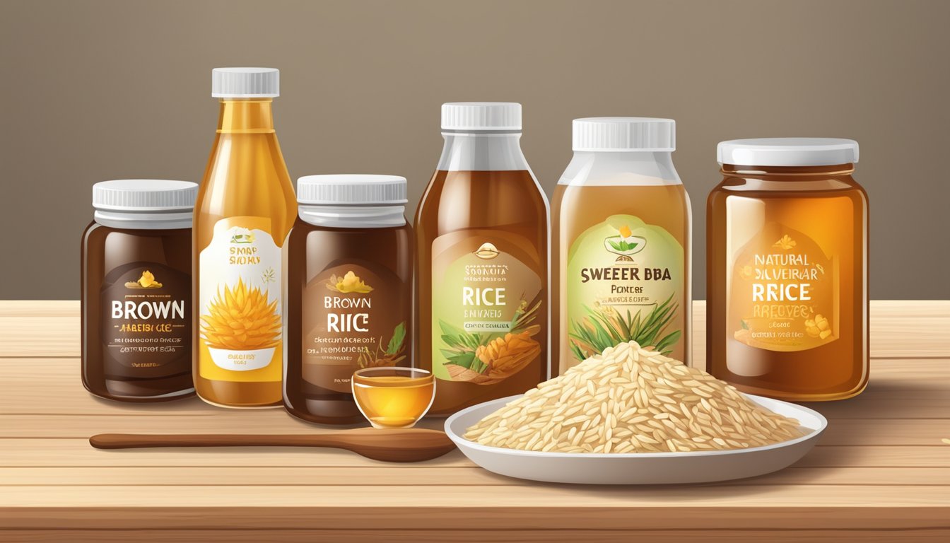 A jar of brown rice syrup surrounded by various "natural" sweeteners, such as honey, agave nectar, and maple syrup, displayed on a wooden table