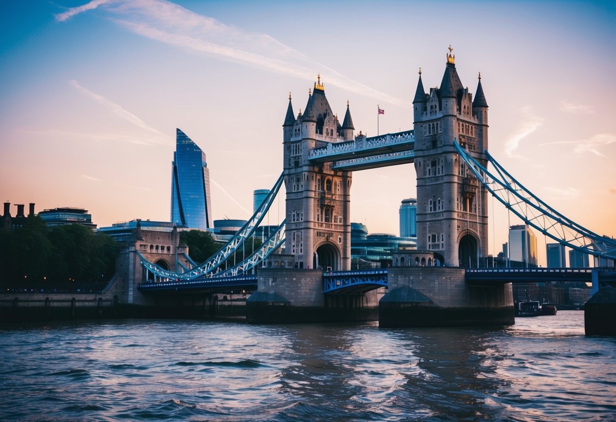 The Tower of London overlooks the Thames, with its ancient stone walls and imposing turrets creating a striking silhouette against the city skyline