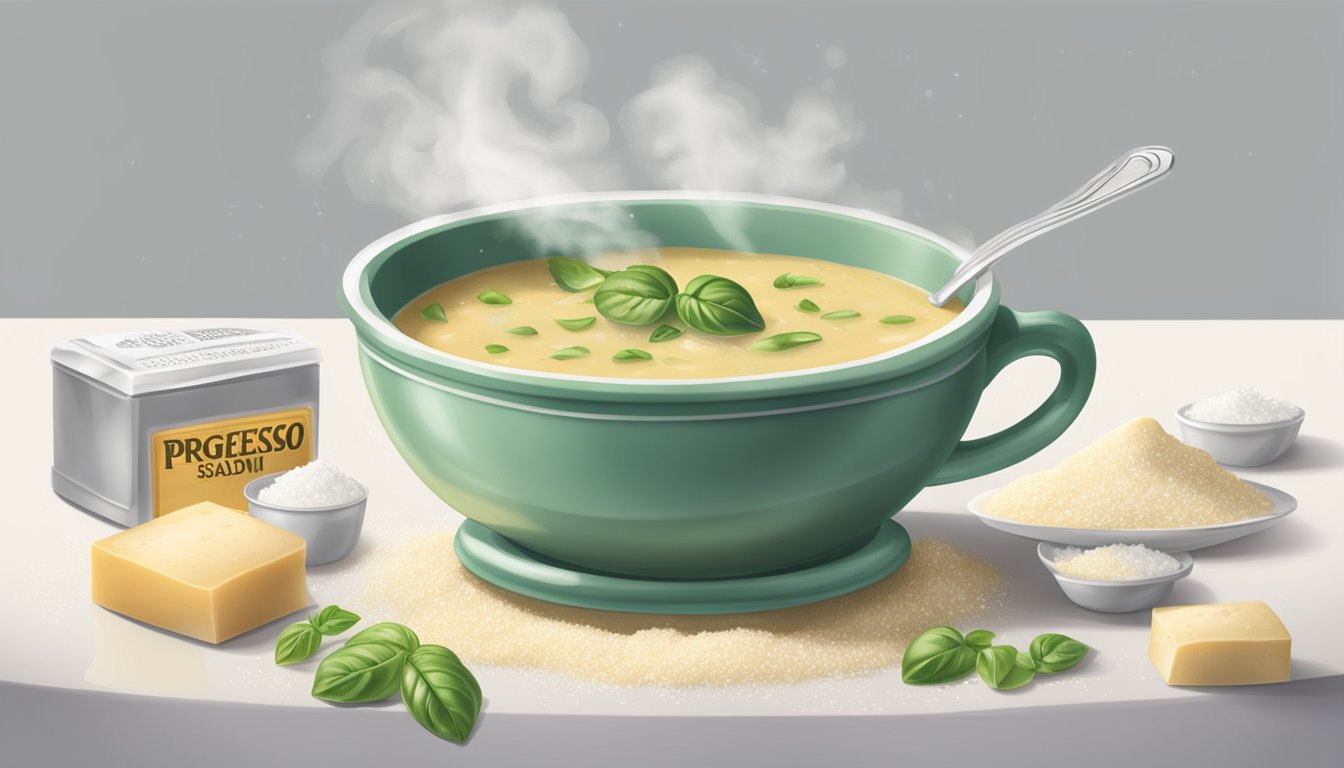 A steaming bowl of Progresso Reduced Sodium Creamy Parmesan Basil Soup surrounded by overflowing salt shakers and a warning sign