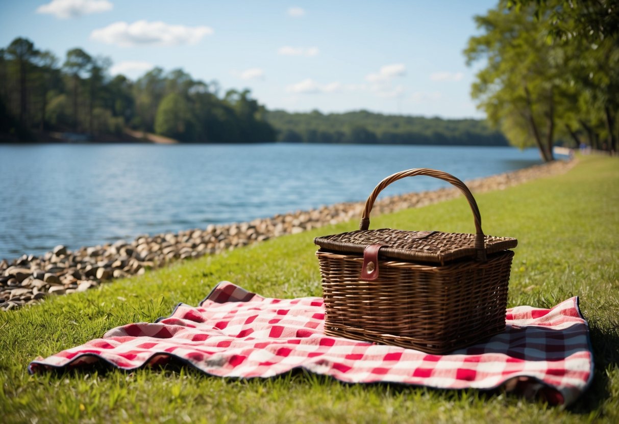 A sunny lakeside picnic at Lake Allatoona, with a checkered blanket, wicker basket, and a view of the water and surrounding trees in Acworth, GA