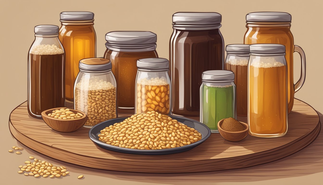 A jar of barley malt syrup surrounded by various natural sweeteners on a wooden table