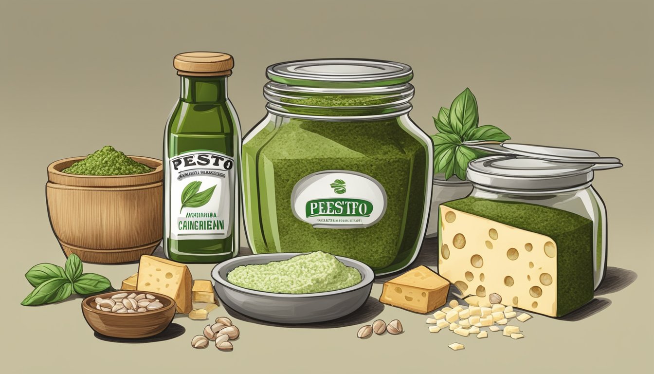 A jar of pesto sits next to a block of Parmesan cheese, surrounded by various non-vegetarian ingredients such as anchovies and gelatin