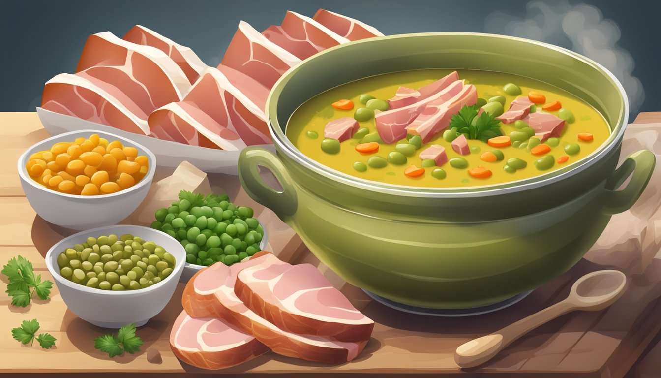 A steaming bowl of split pea soup with chunks of ham, surrounded by a variety of non-vegetarian ingredients like bacon and sausage