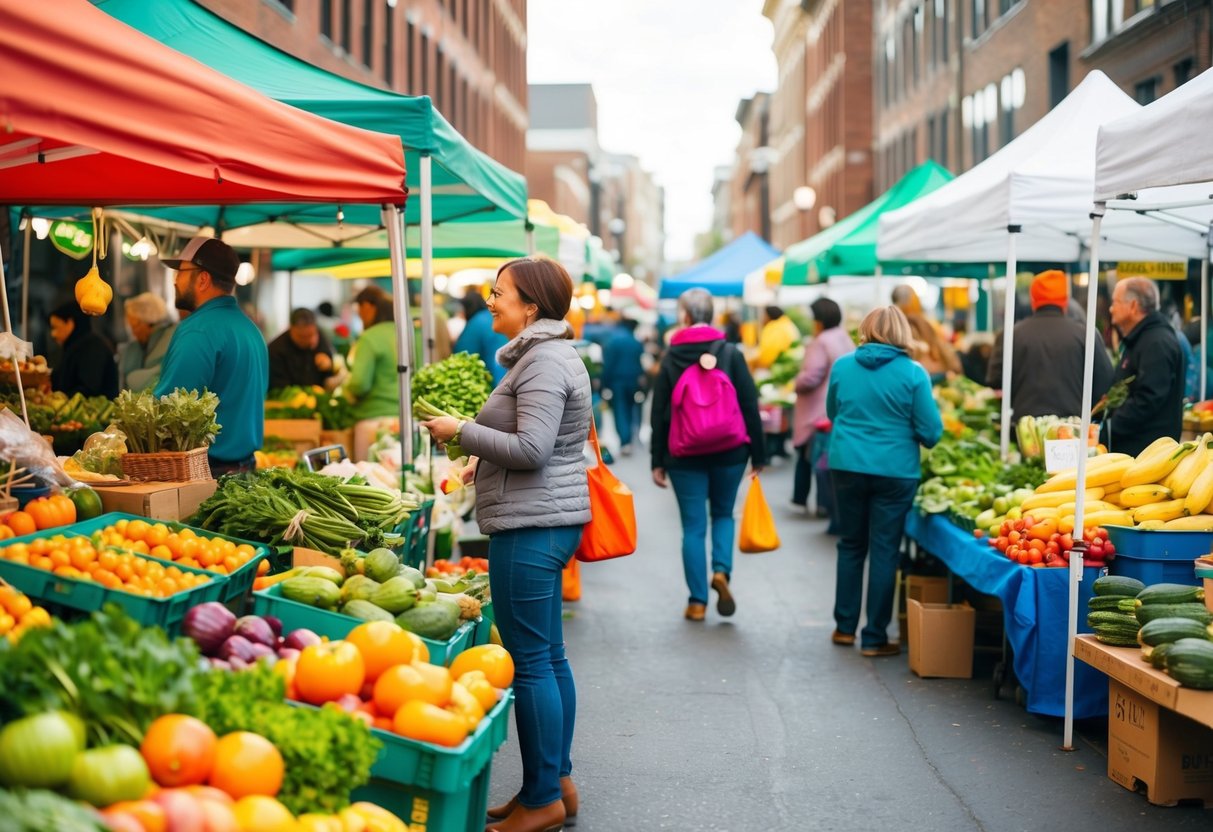 A bustling farmers market with colorful produce, vendors, and shoppers. Tents and stalls line the street, creating a lively and vibrant atmosphere