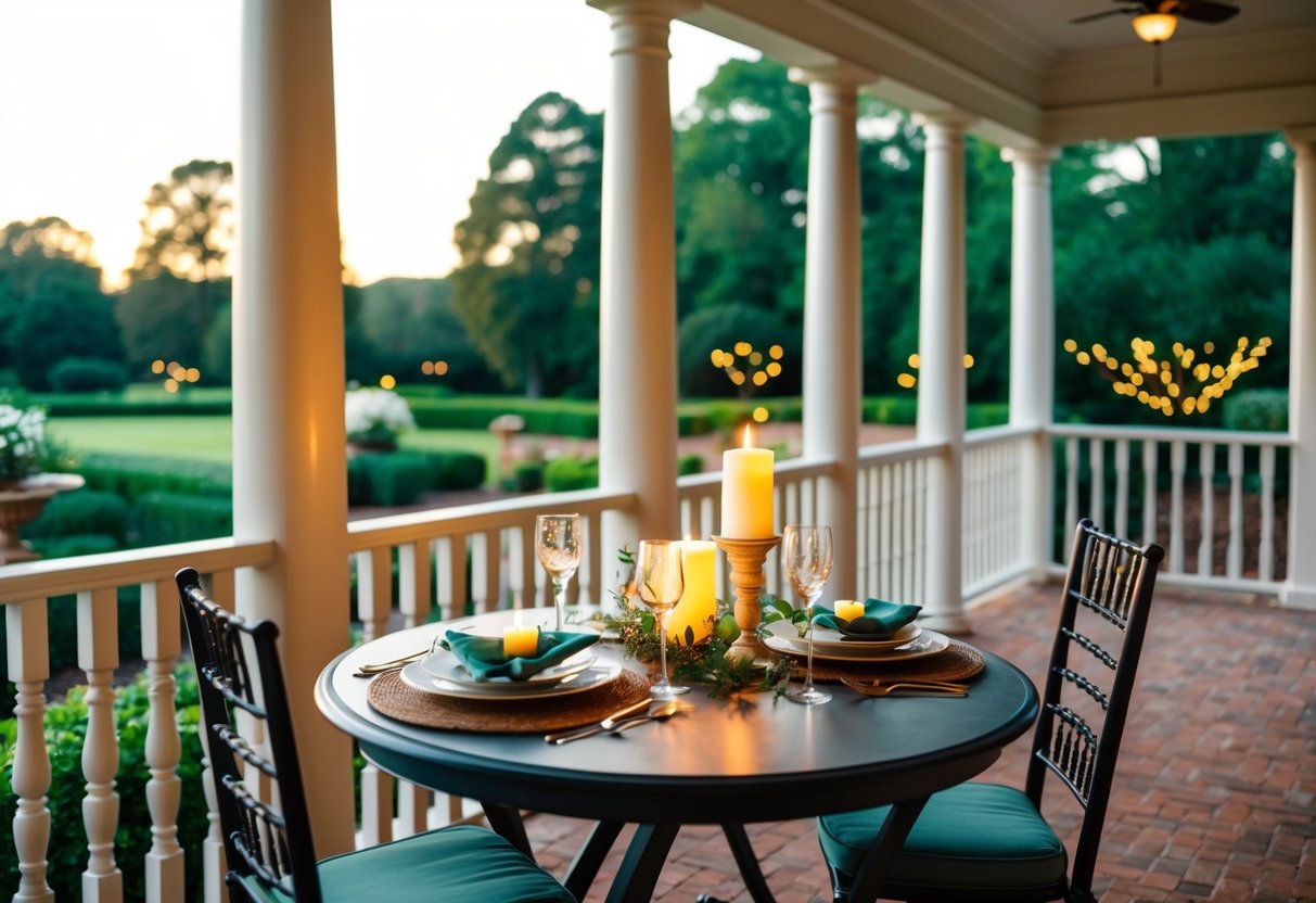 A cozy, candlelit table for two sits on the veranda overlooking the lush gardens at Cedar Plantation Bed & Breakfast in Acworth, GA