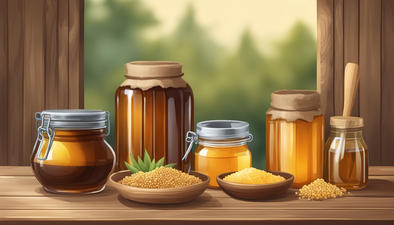 A rustic wooden table with a jar of sorghum syrup surrounded by various natural sweeteners like honey, agave, and maple syrup