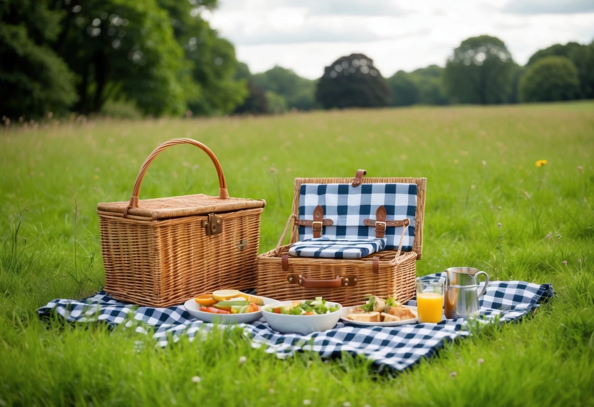 A cozy picnic set up on a green meadow at Hampstead Heath, with a checkered blanket, wicker basket, and a spread of delicious food and drinks