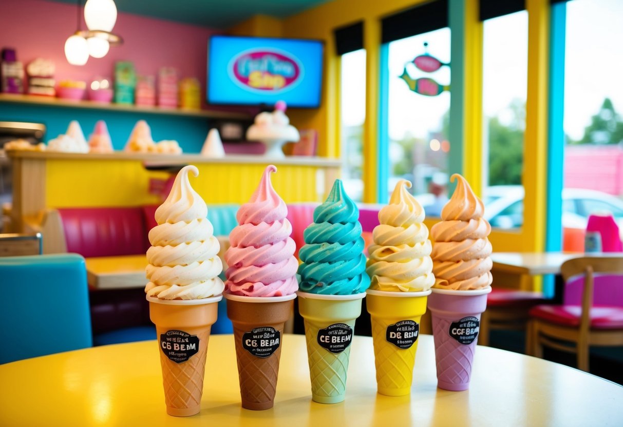 A colorful ice cream shop with cozy seating and cheerful decor, featuring a variety of delicious frozen treats and a warm, inviting atmosphere