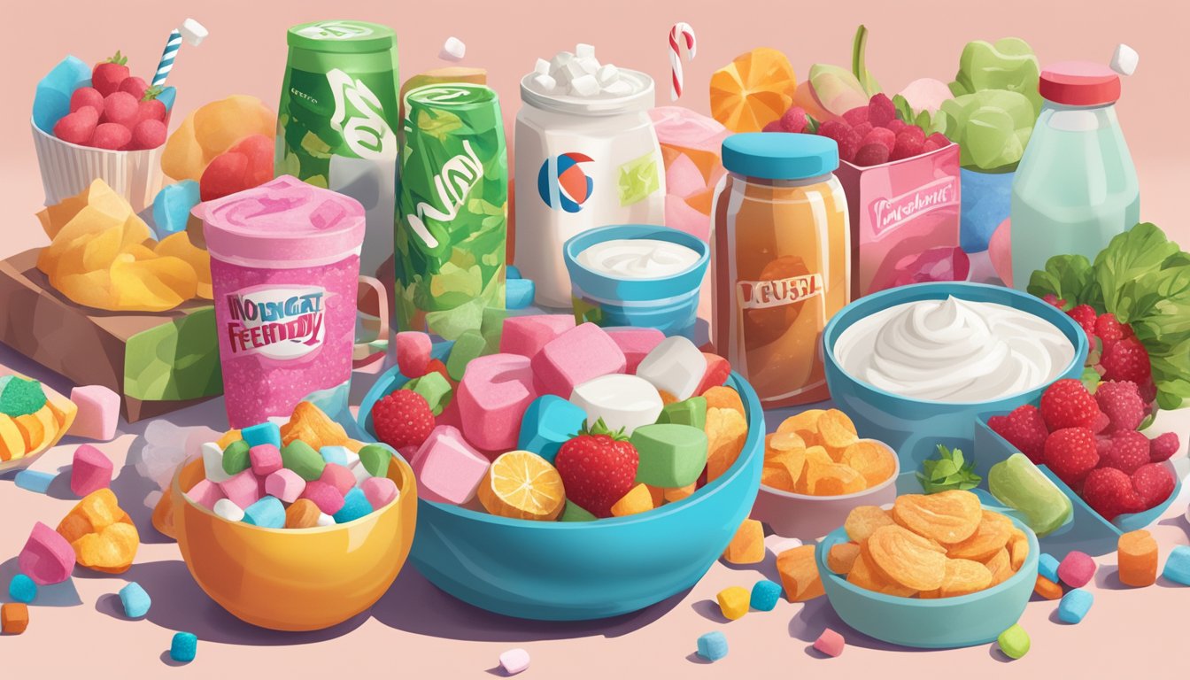 A colorful array of food items, including marshmallows, yogurt, and candy, surrounded by a bold "Non-Vegan Sugar 15 Surprising Foods That Aren't Vegetarian-Friendly" headline