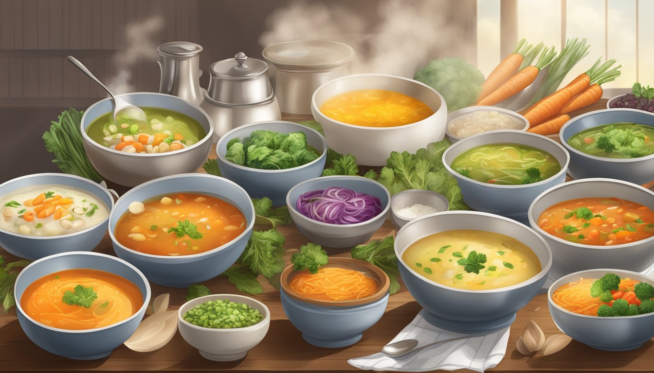 A table with nine bowls of soup, each overflowing with various vegetables and seasonings. The steam rises from the bowls, creating a warm and inviting atmosphere