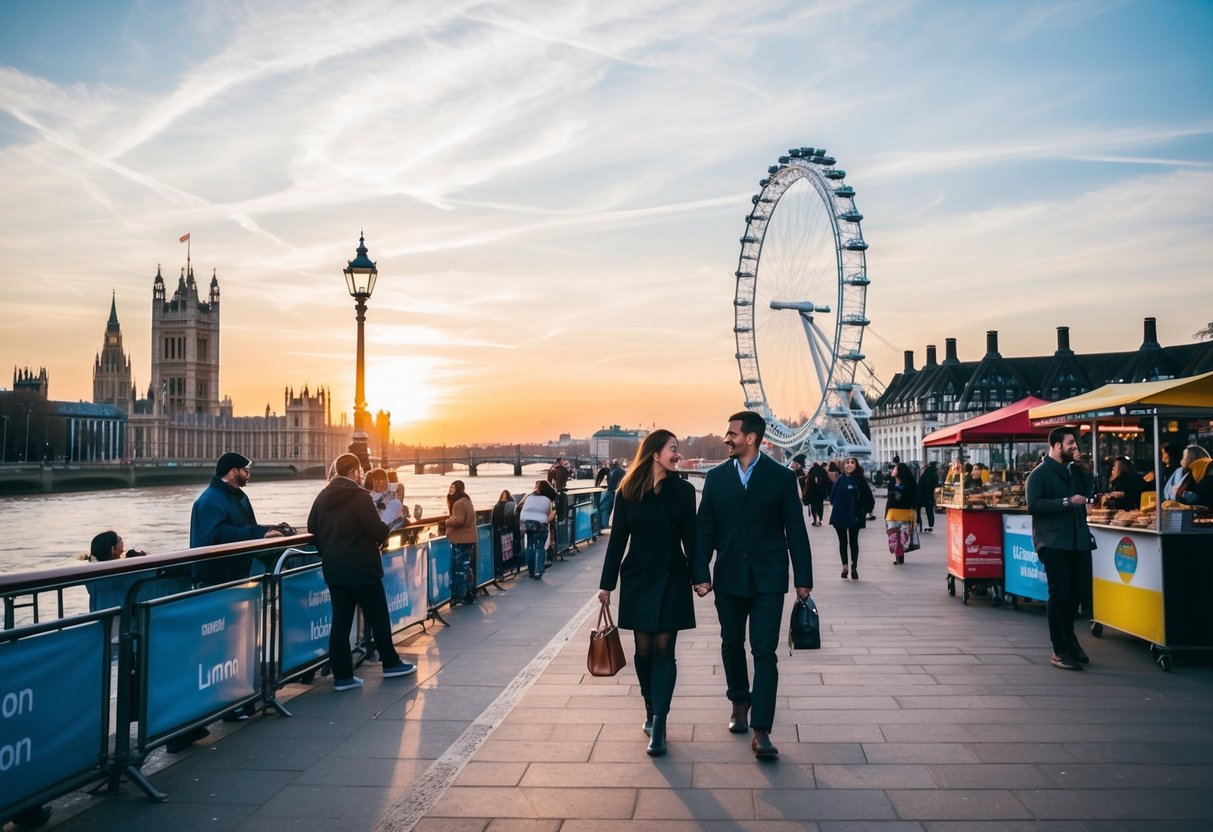 A couple strolls along the South Bank, passing by street performers, food vendors, and the iconic London Eye. The sun sets over the Thames River, casting a warm glow on the bustling scene