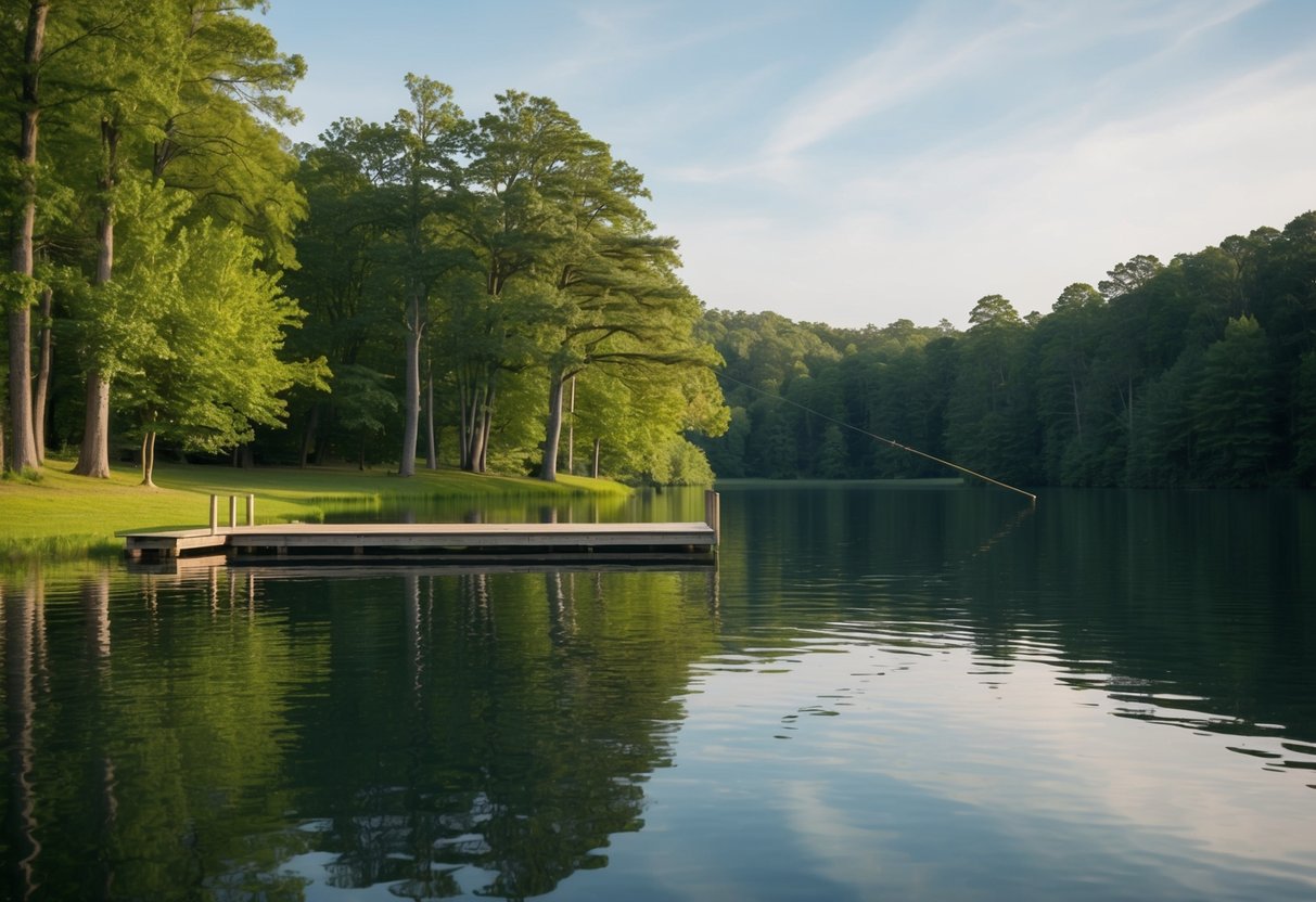 A serene lake surrounded by lush trees, with a wooden pier extending into the water. A fishing rod is cast into the calm, reflective surface