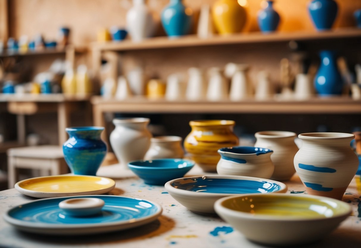 A cozy pottery studio with colorful paint palettes and pottery pieces in various stages of completion. Warm lighting and a relaxed atmosphere