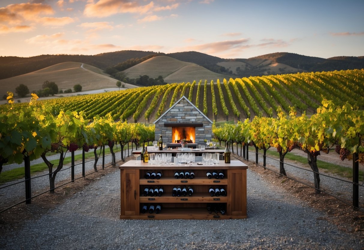 A cozy vineyard setting with rolling hills, grapevines, and a rustic tasting room
