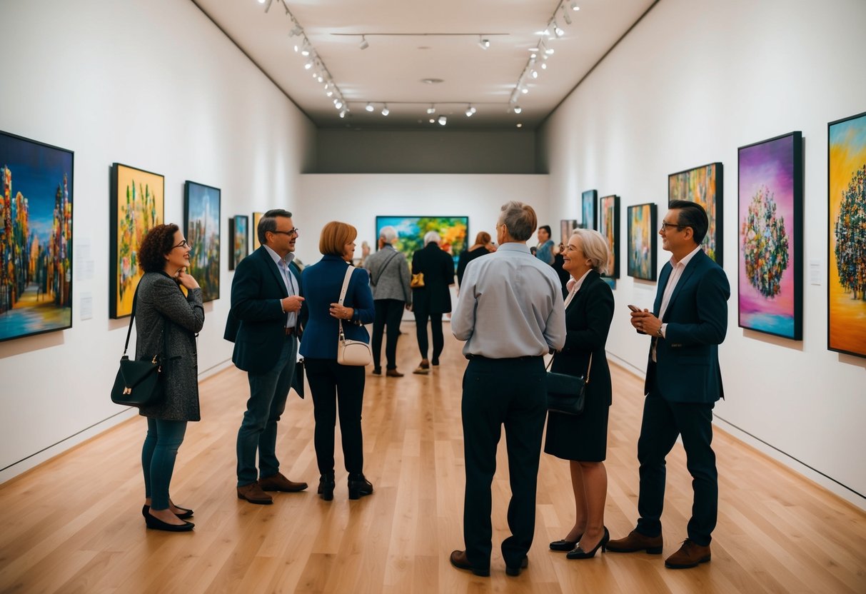 An art gallery filled with colorful paintings and sculptures, with visitors admiring the artwork and chatting with each other