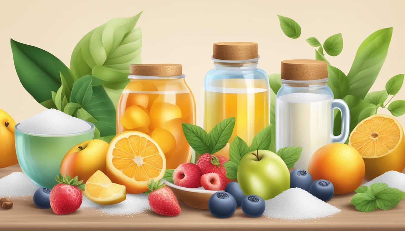 A table with various sweeteners and a sugar cube, surrounded by fruits and plants