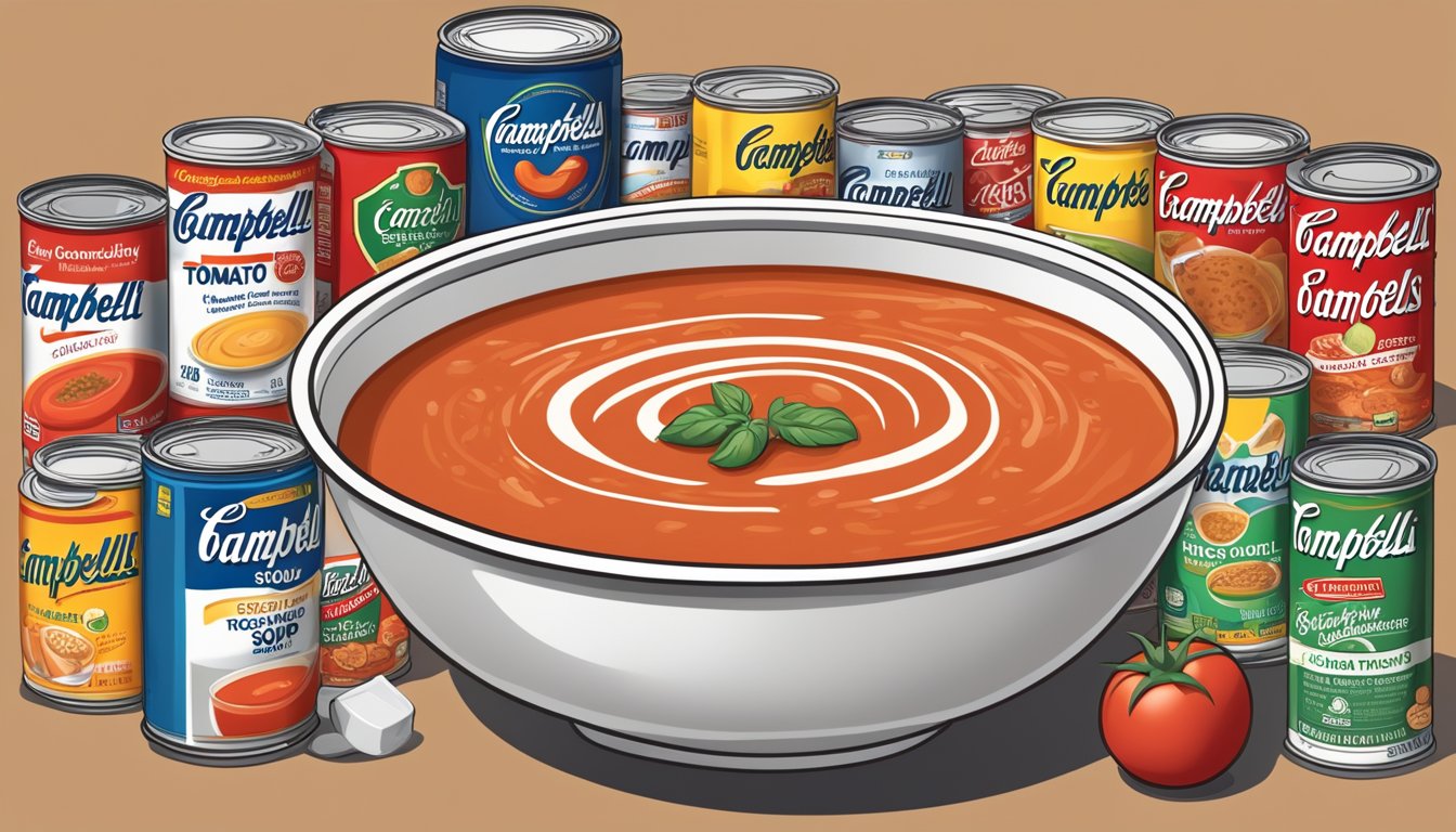 A steaming bowl of Campbell's Healthy Request Tomato Soup surrounded by 12 different high-sodium foods, with a prominent "Reduced Sodium" label on the soup can