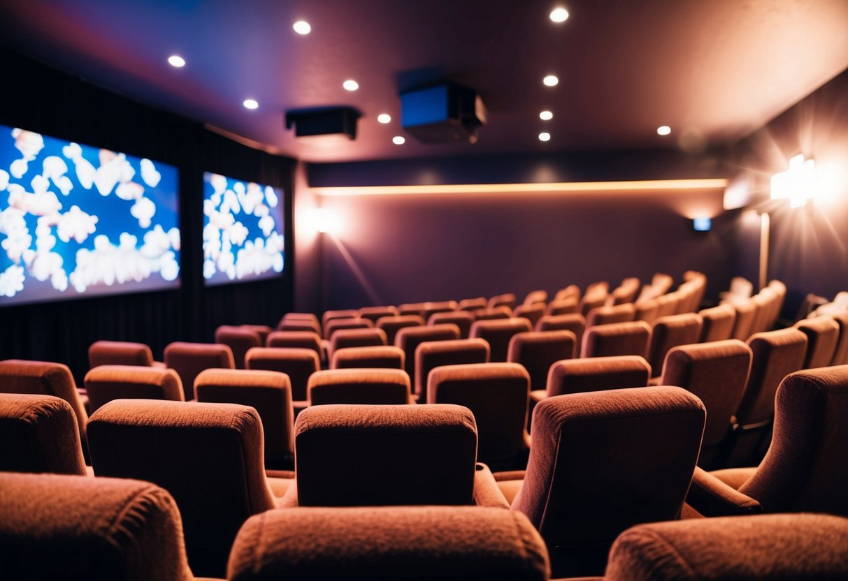 A cozy movie theater with plush seats, glowing screens, and the smell of buttery popcorn in the air