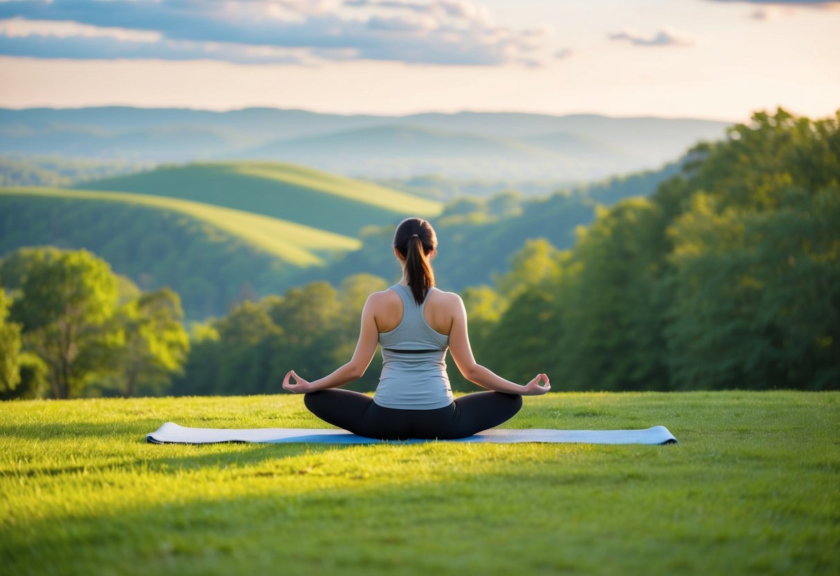 A serene yoga session in Cheatham Hill Park, with rolling hills and lush greenery creating a peaceful setting for a date in Acworth, GA