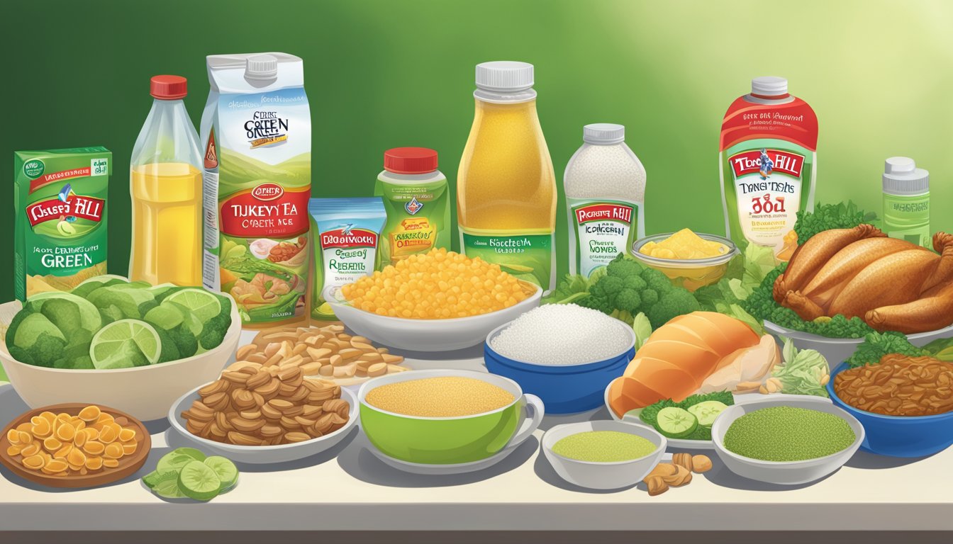 A table with a variety of "Reduced Sodium" foods, including a bottle of Turkey Hill Diet Green Tea, surrounded by high-salt items