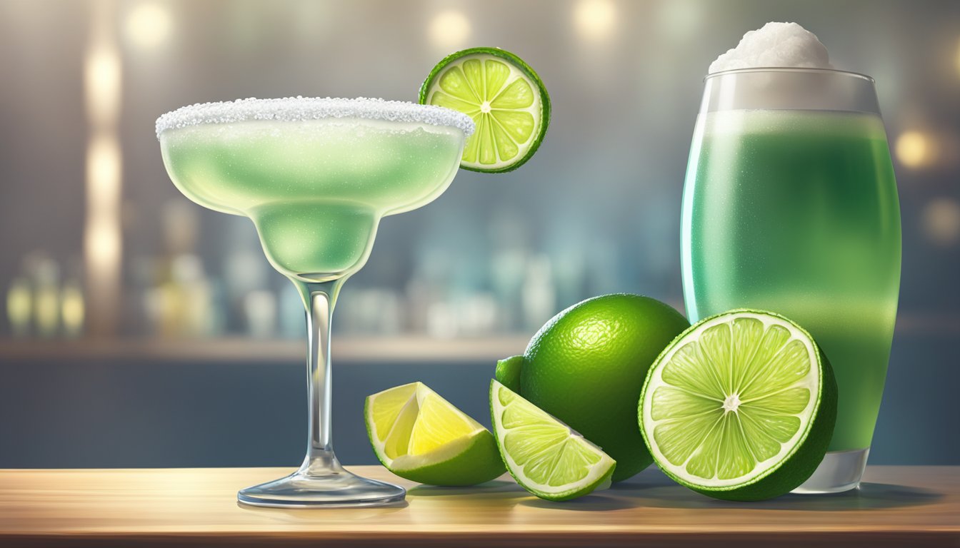 A tall, frosty margarita sits on a bar counter, garnished with a slice of lime and a salted rim. The cocktail shimmers in the light, inviting and refreshing