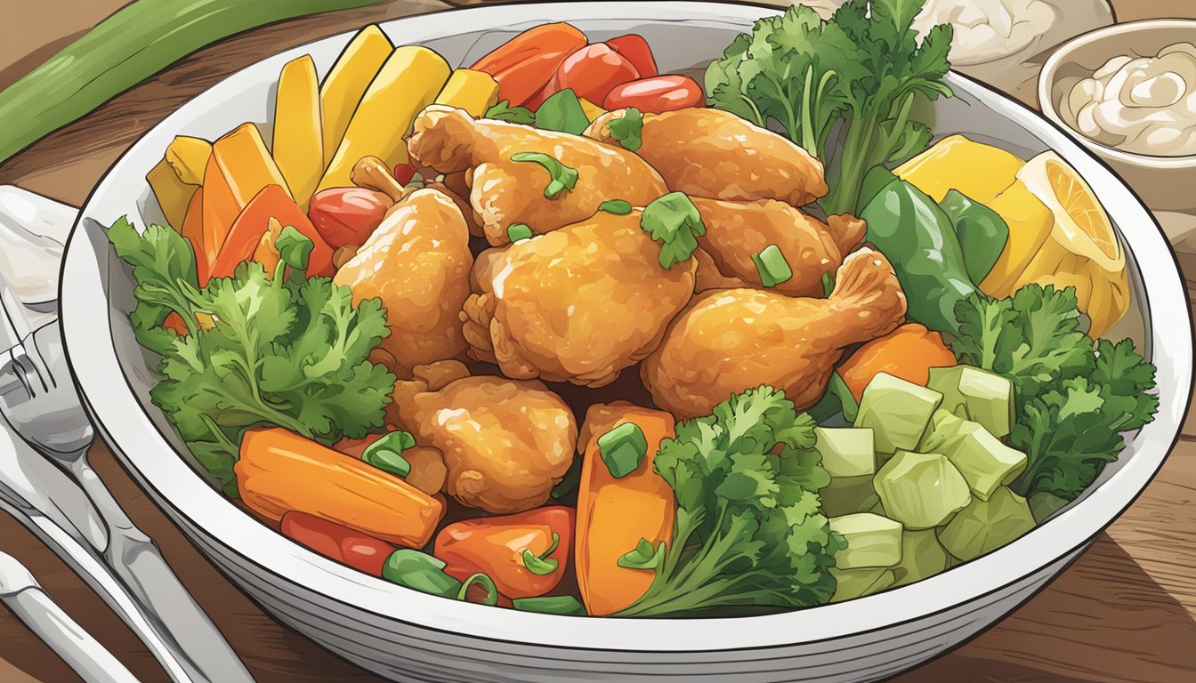 A steaming bowl of sweet and sour chicken surrounded by colorful vegetables, with a prominent "Reduced Sodium" label