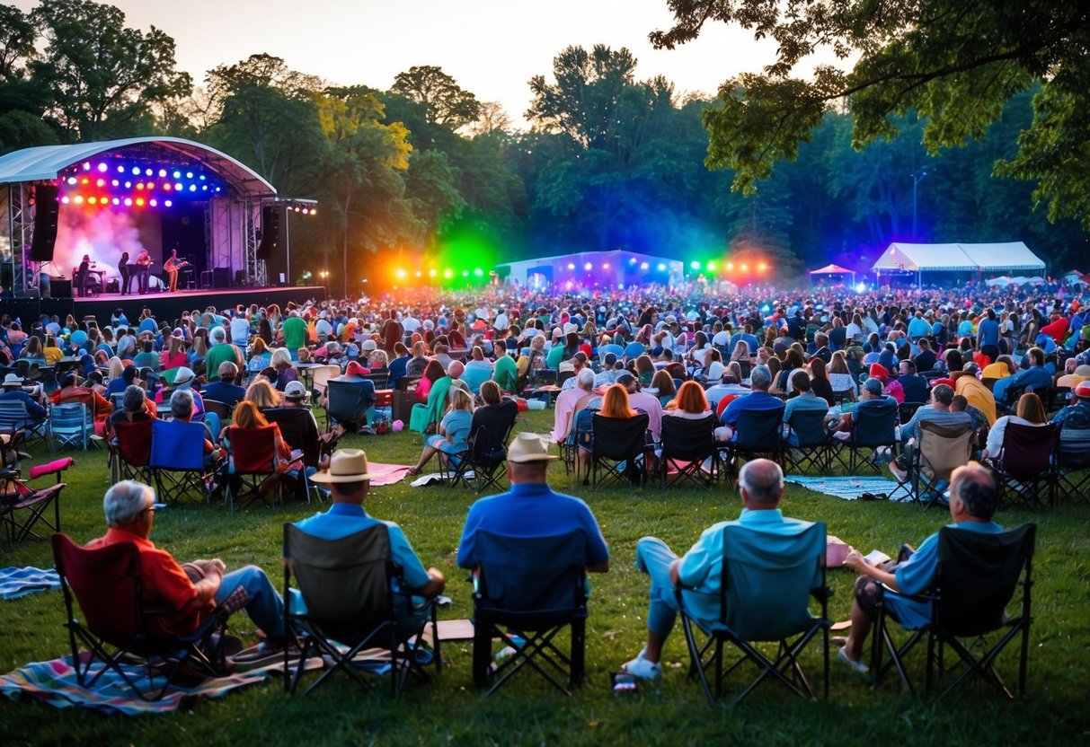Crowds gather in Logan Farm Park for a concert. The stage is lit up with colorful lights as music fills the air. People are seated on blankets and lawn chairs, enjoying the lively atmosphere