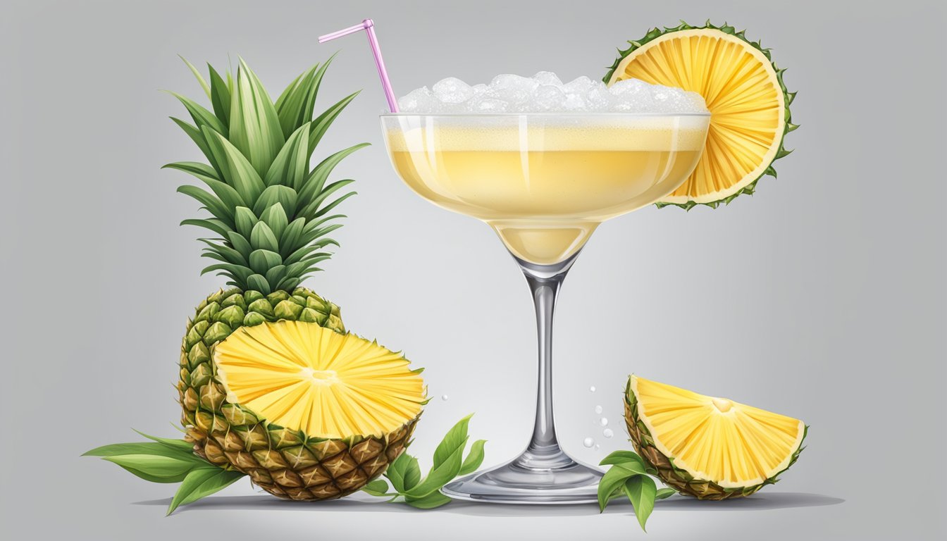 A tall, frosty glass filled with a light, creamy drink, garnished with a slice of pineapple and a cocktail umbrella