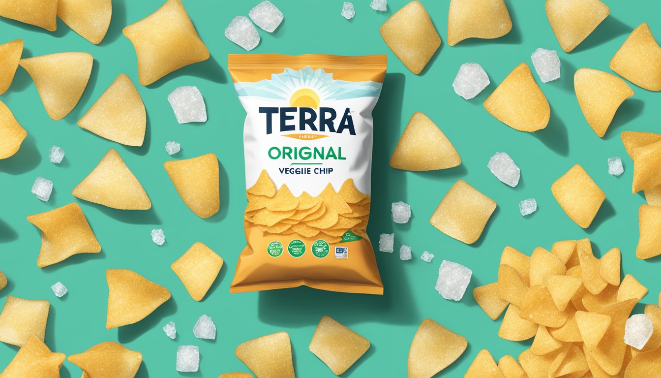 A bag of Terra Original Sea Salt 10 Veggie Chips sits next to a pile of regular chips, both surrounded by scattered salt crystals