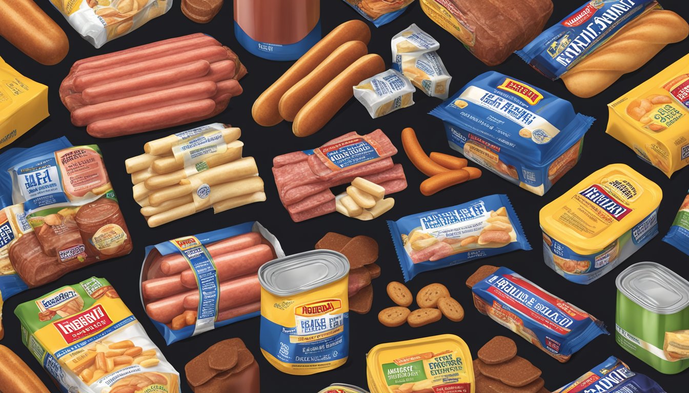 A package of Hebrew National Reduced Fat Beef Franks surrounded by various high-sodium foods, such as canned soups and processed snacks