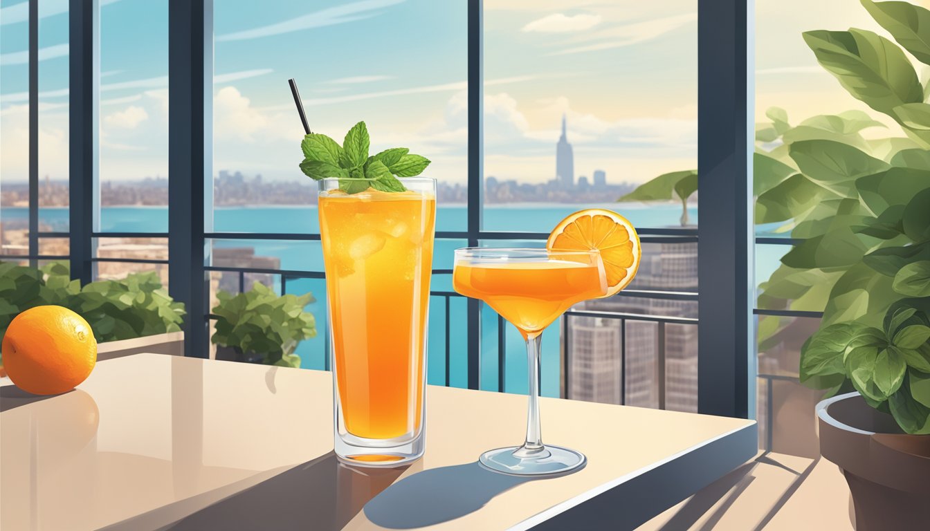 A tall, elegant glass filled with a vibrant orange cocktail, garnished with a slice of fresh citrus and a sprig of mint, set against a backdrop of a sunny outdoor patio with a view of a bustling cityscape