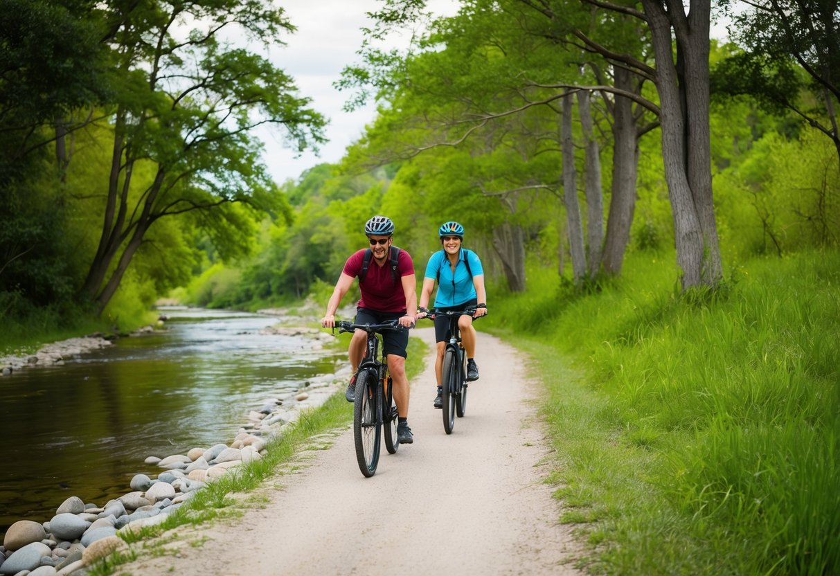 A couple bikes along Noonday Creek Trail, passing by lush trees and a tranquil creek