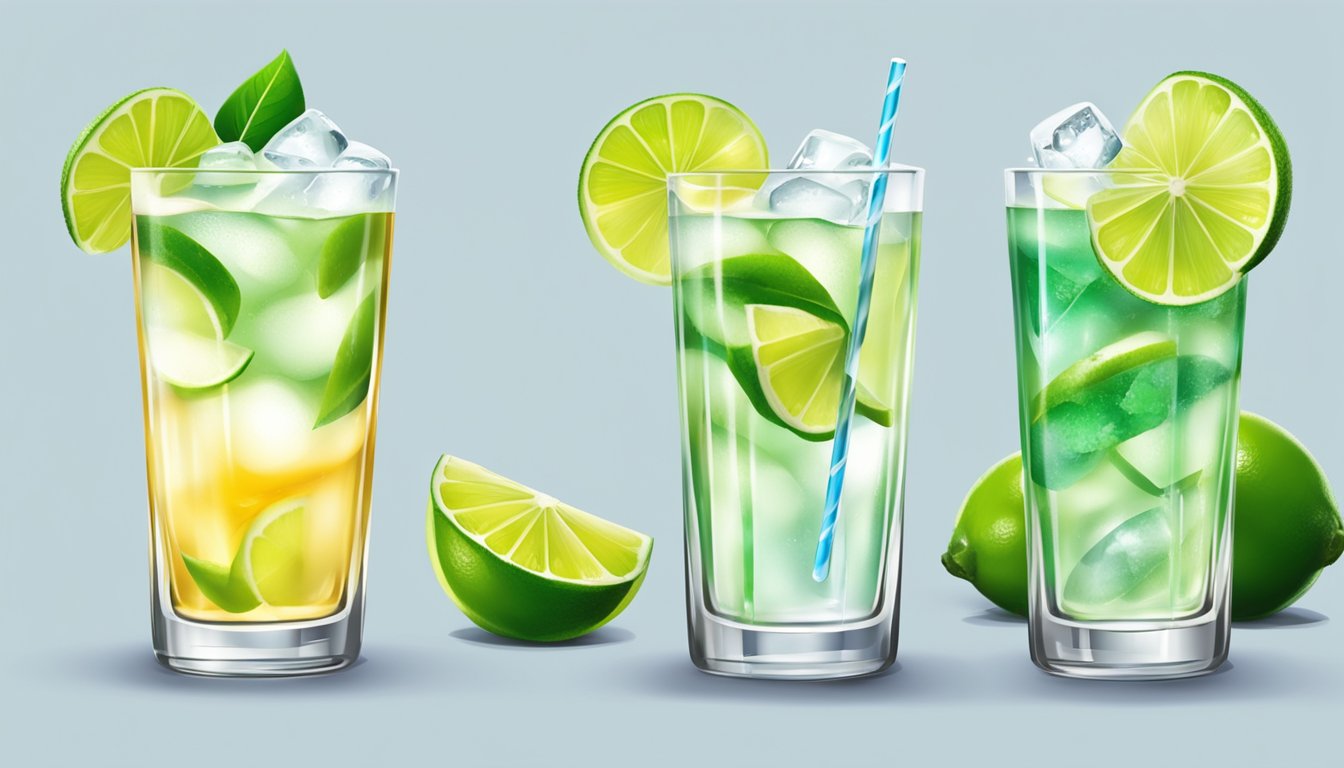 A tall glass filled with clear liquid and ice, garnished with a slice of fresh lime