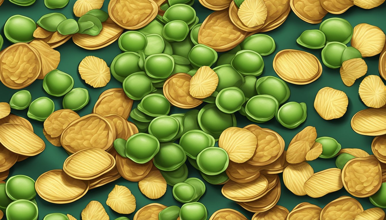 A pile of Harvest Snaps Green Pea Snack Crisps mixed with regular potato chips on a wooden table