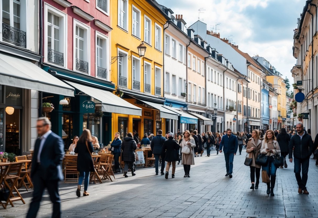 Busy street lined with charming shops and cafes, historic buildings with colorful facades, people strolling and browsing