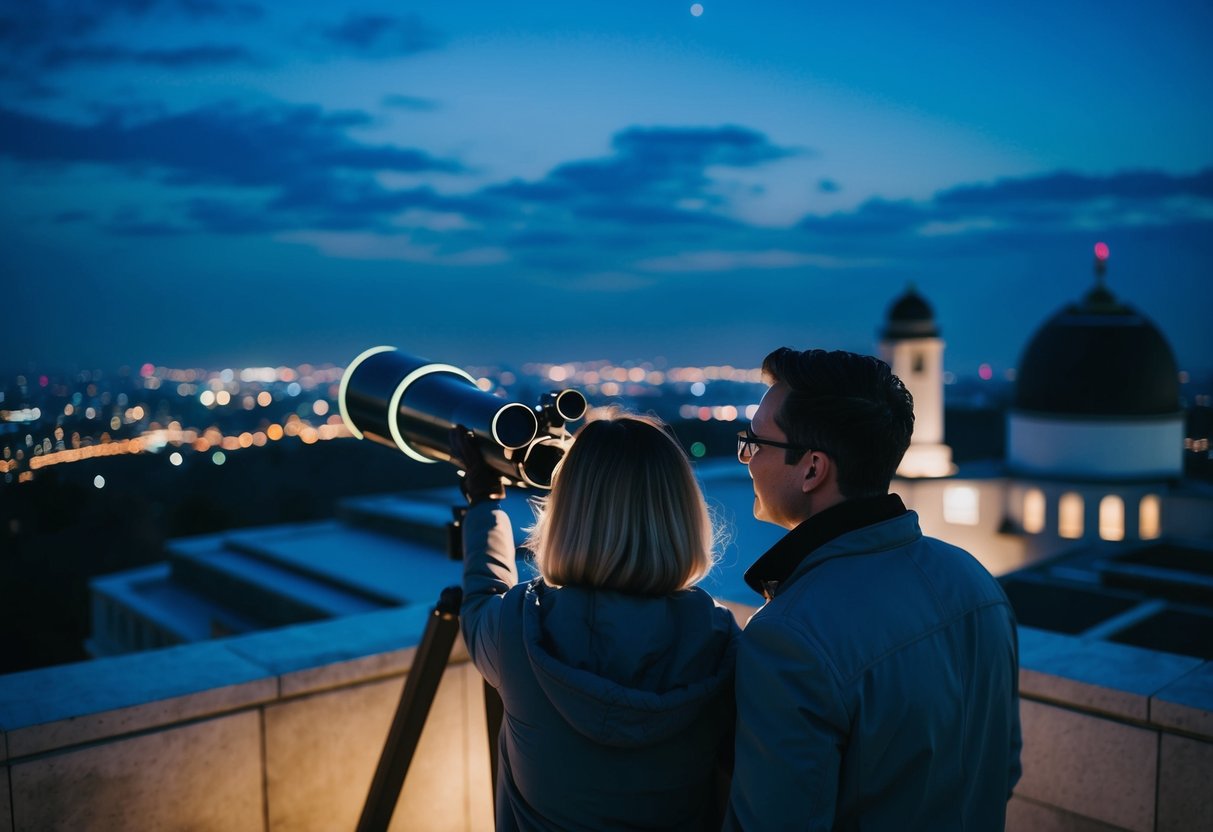 A couple gazes through a telescope at the night sky from the Royal Observatory's outdoor terrace, surrounded by twinkling city lights