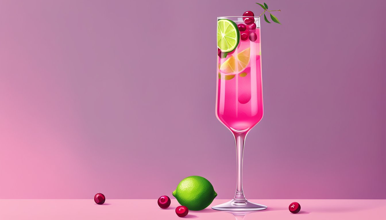 A tall, elegant glass filled with a vibrant pink liquid, garnished with a twist of lime and a few floating cranberries